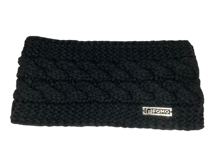 Black knitted headband with a brand logo on a white background
