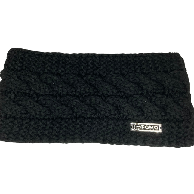 Black knitted headband with a brand logo on a white background