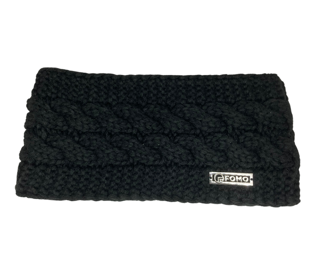 Black knitted headband with a brand logo on a white background