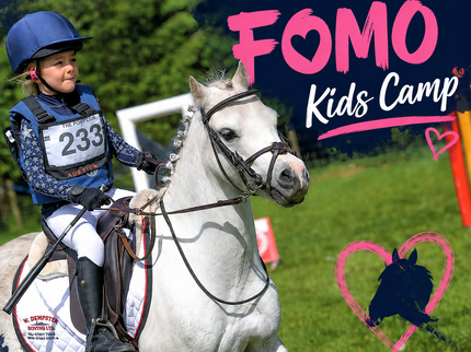 Child riding a white horse with 'FOMO Kids Camp' text and graphics in the background