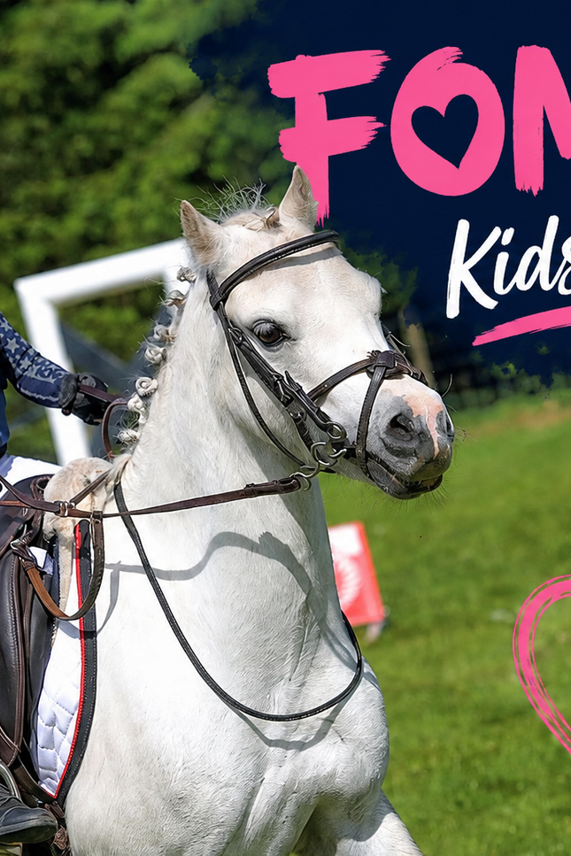 Child riding a white horse with 'FOMO Kids Camp' text and graphics in the background
