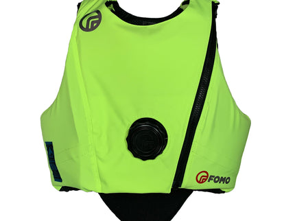 Fluorescent green body protector with black accents on a white background