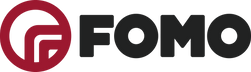 FOMO logo with red circular design and black text on a blue background