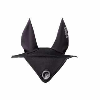 Black Fly Veil for a horse  with a brand logo on a white background