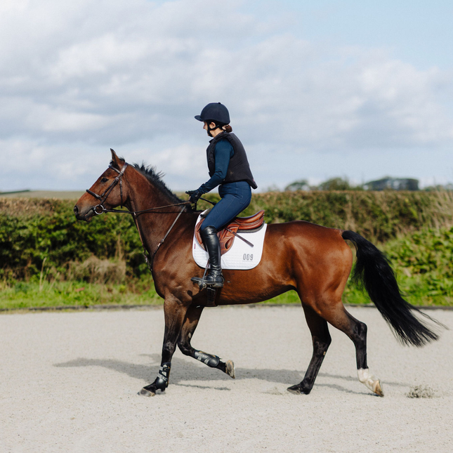 Person riding a brown horse on a paved area with greenery in the background