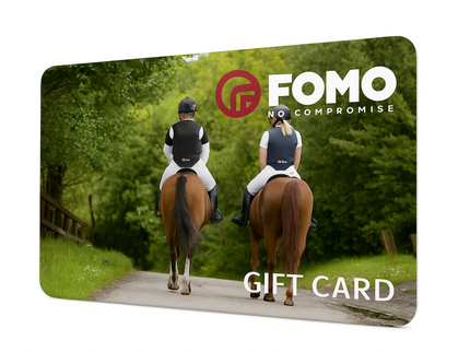 FOMO gift card with two people riding horses on a path in a forest