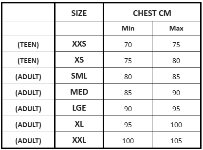 Table showing gents chest size measurements in centimeters for different sizes.