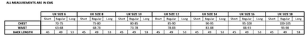 Measurement chart for clothing sizes with dimensions in centimeters