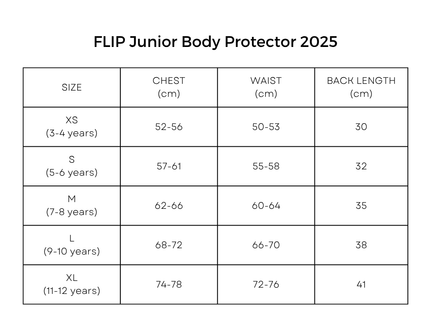 Size chart for FLIP Junior Body Protector 2025 showing chest, waist, and back length measurements.