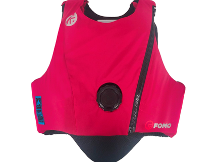 Pink cover for a FOMO body protector with black accents on a white background