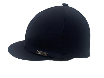 Black riding hat silk  with a brand logo on a white background