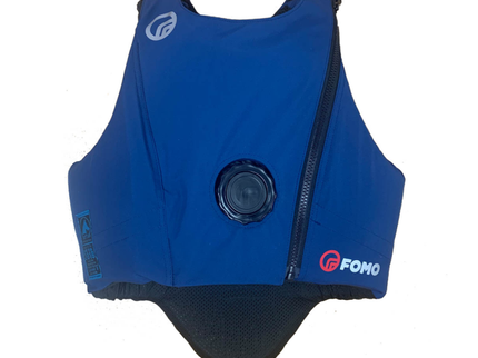 Blue FOMO Body Protector with FOMO branding on a white background