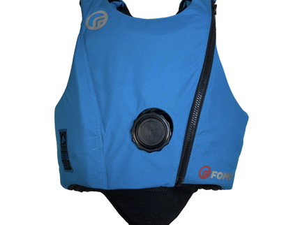 Blue cover for FOMO body protector with black zipper on a white backgroundbackground
