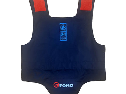 Black protective FLip Cover with red padding on shoulders and FOMO branding on a white background