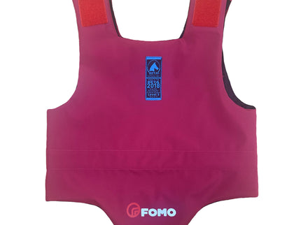 Pink protective cover with red straps and FOMO branding on a white background
