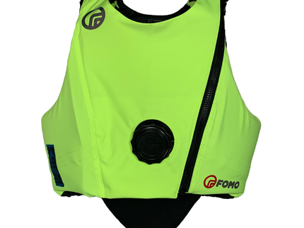 Fluorescent FOMO body protector safety vest with black accents on a white background