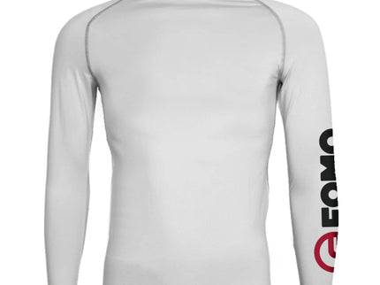 White long-sleeve athletic shirt with branding on a white background base layer