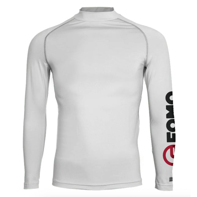 White long-sleeve athletic shirt with branding on a white background base layer