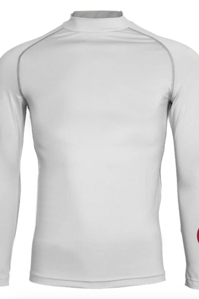 White long-sleeve athletic shirt with branding on a white background - bse layer
