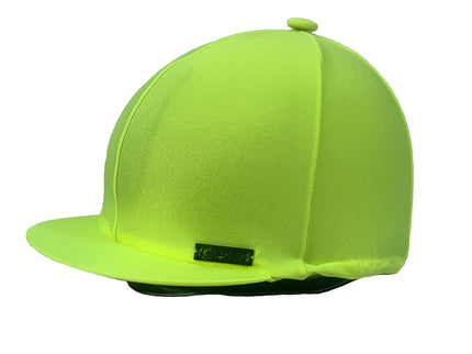 Neon riding hat silk with a brand logo on a white background
